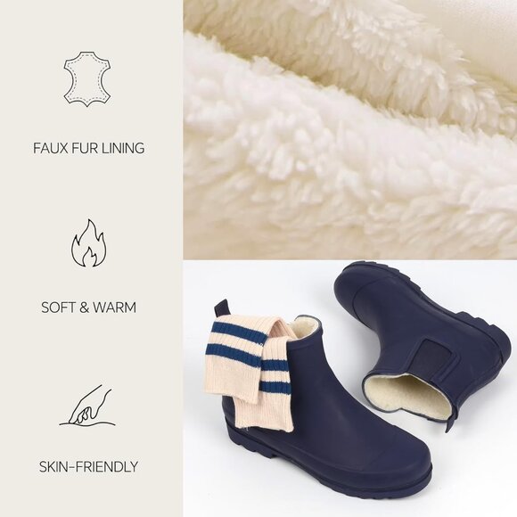 Women's Blue Waterproof Rain Boots with Plush Lining Non-Slip Winter Boots - Picture 3 of 6